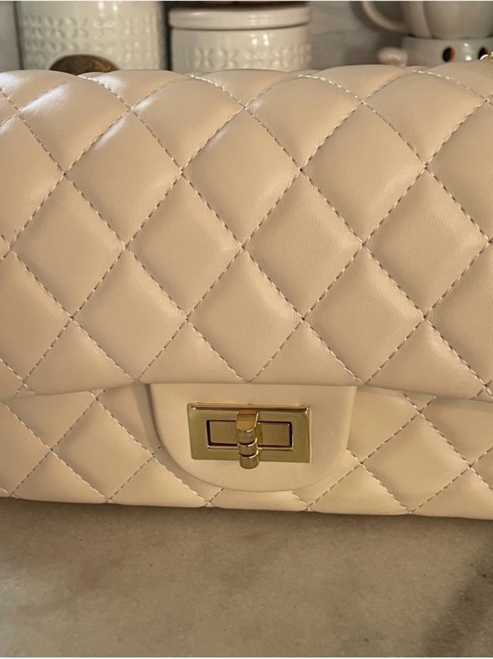 Cream Quilted Leather Shoulder Bag with Gold Turn-Lock